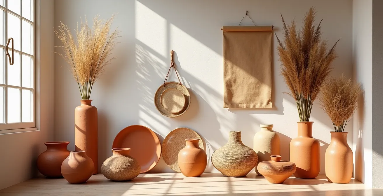 Concept stores marseillais exposant objets artisanaux, textiles naturels et céramiques dans une ambiance méditerranéenne lumineuse